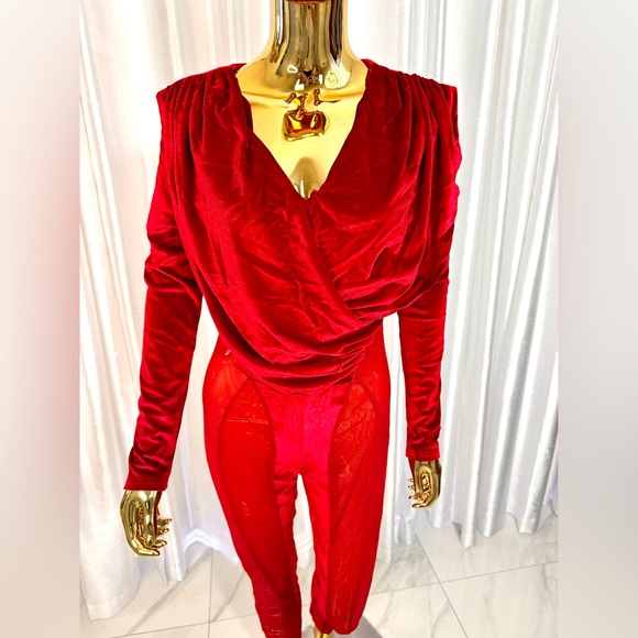 Sexy Red Velvet Sheer Catsuit (sz 10) - Picture 2 of 5
